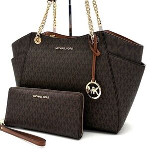 Michael Kors Large Jet Set Travel Chain Shoulder Bag & Continental Wallet Brown